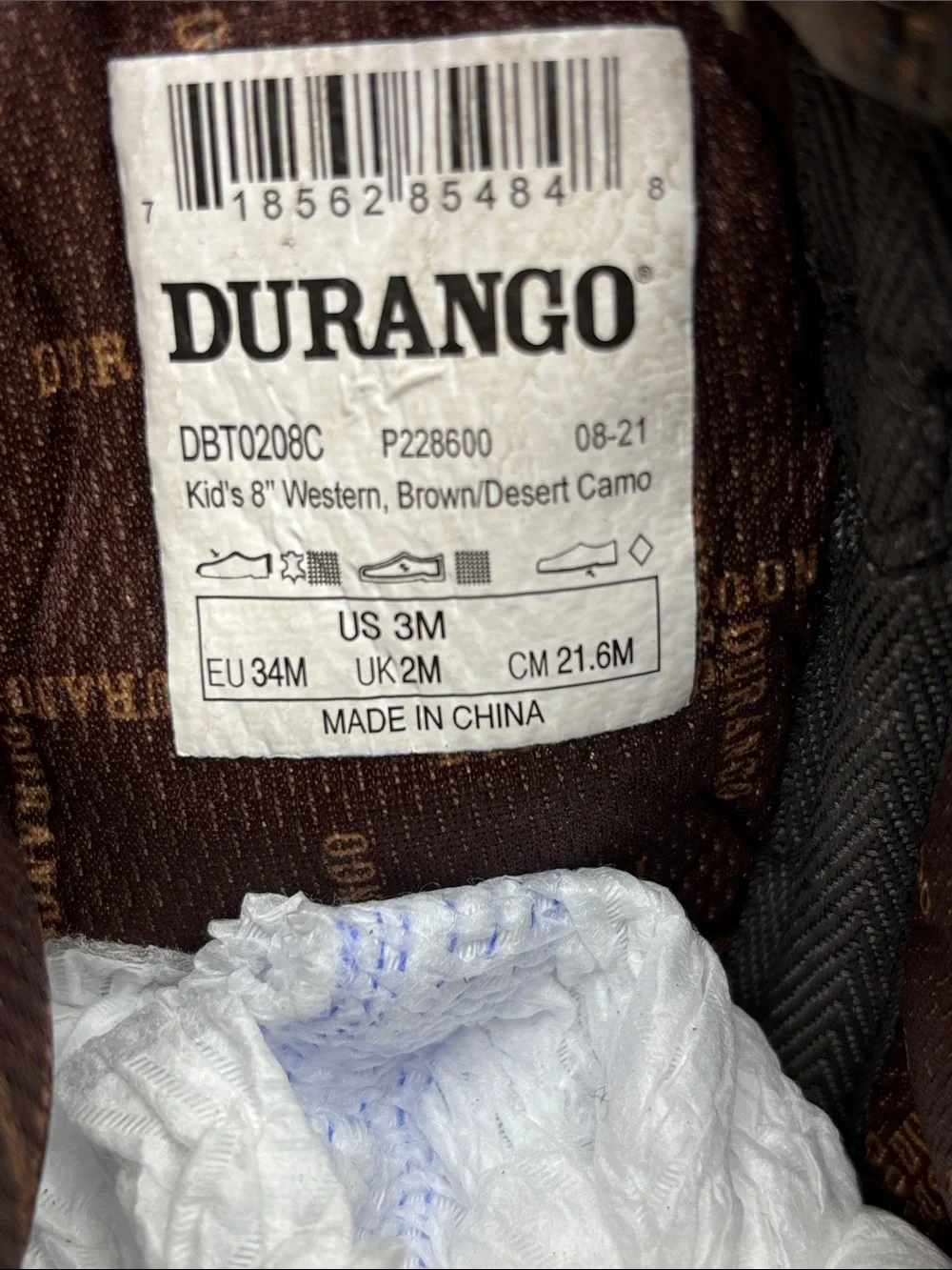 Durango Brown Leather & Digital Camo Western Boots, sz 3 little boy